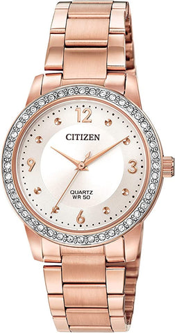 Women CITIZEN Quartz Rose Gold Tone Crystal Accented Silver Dial Watch