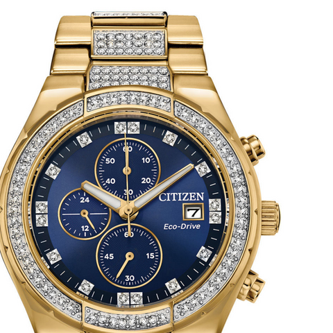 Men CITIZEN Chronograph Eco-Drive Crystal Gold-Tone Stainless Steel Bracelet Watch 42mm