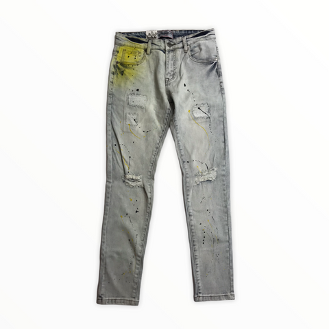 Men DENIMICITY Washed Jeans with Yellow & Black Paint