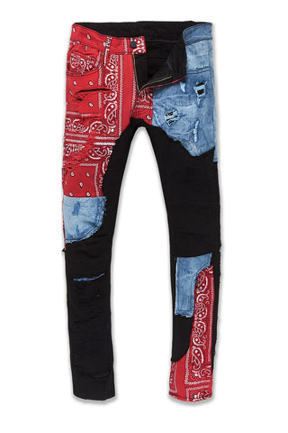 Men JORDAN CRAIG Paisley Print Mixed Fabric Jeans Crimson